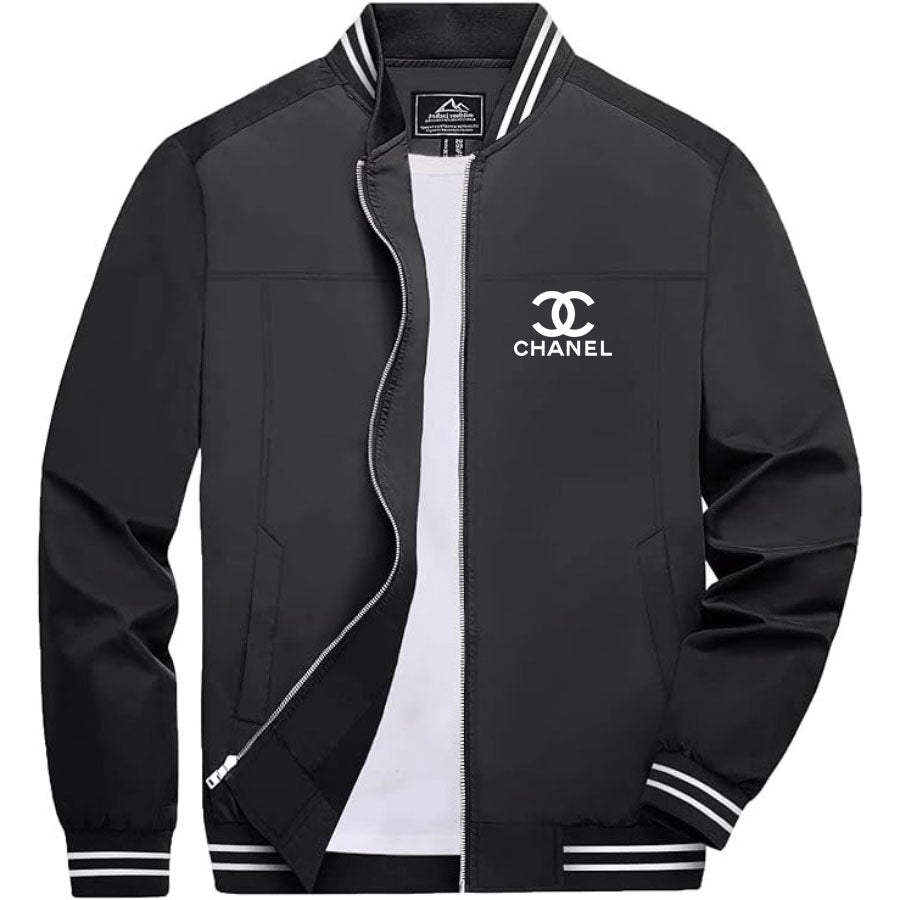 Men's Chanel Lightweight Zip-Up Bomber Jacket with Ribbed Collar and Cuffs - Versatile Casual Outerwear