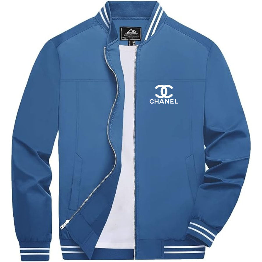 Men's Chanel Lightweight Zip-Up Bomber Jacket with Ribbed Collar and Cuffs - Versatile Casual Outerwear
