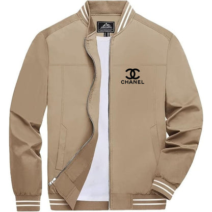 Men's Chanel Lightweight Zip-Up Bomber Jacket with Ribbed Collar and Cuffs - Versatile Casual Outerwear