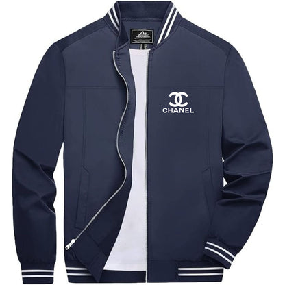 Men's Chanel Lightweight Zip-Up Bomber Jacket with Ribbed Collar and Cuffs - Versatile Casual Outerwear