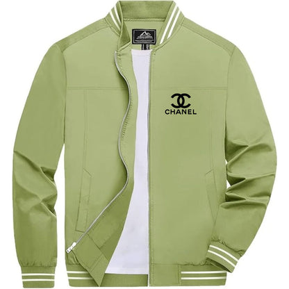 Men's Chanel Lightweight Zip-Up Bomber Jacket with Ribbed Collar and Cuffs - Versatile Casual Outerwear