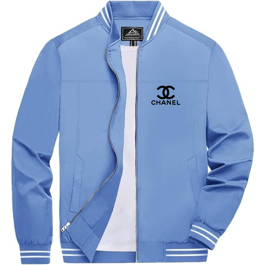 Men's Chanel Lightweight Zip-Up Bomber Jacket with Ribbed Collar and Cuffs - Versatile Casual Outerwear