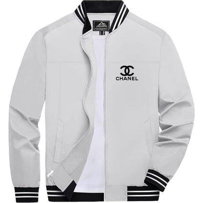 Men's Chanel Lightweight Zip-Up Bomber Jacket with Ribbed Collar and Cuffs - Versatile Casual Outerwear
