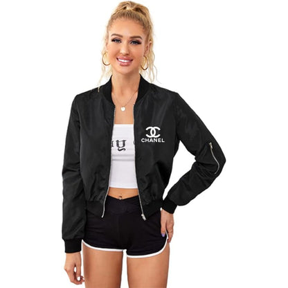 Women's Chanel Lightweight Bomber Biker Jacket Zip up Windbreaker Crop Bomber Jacket Coat